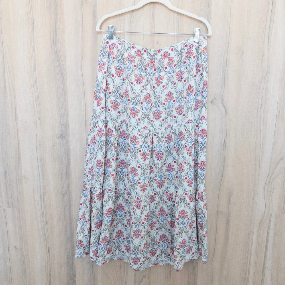 Cynthia Rowley Linen Maxi Skirt Medium Floral Damask Tiered Boho Cottage Coastal
